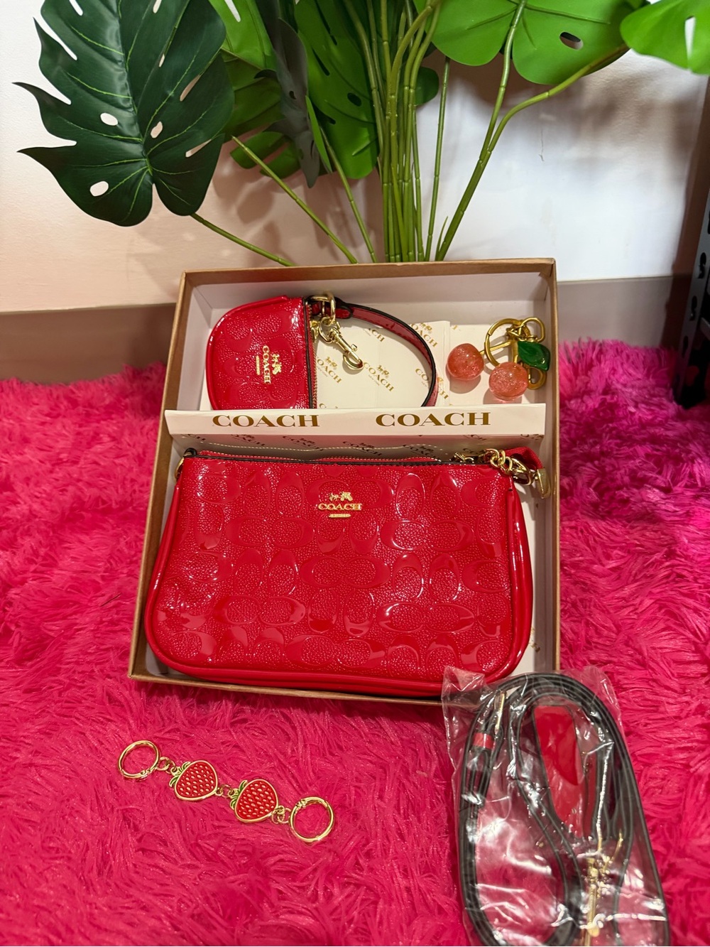 Coach Red Patent Leather Signature Wristlet Trio with Gold Hardware
